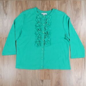 🔸️Rebecca Malone Green Ruffled Button Front 3/4 Sleeve Sweater Medium